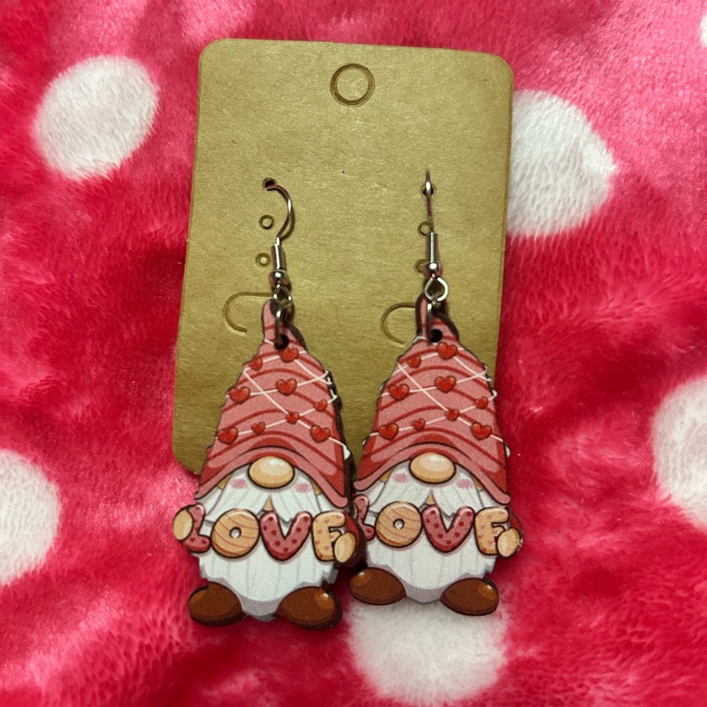 Cute Wooden Gnome Love Earrings - Pink and White